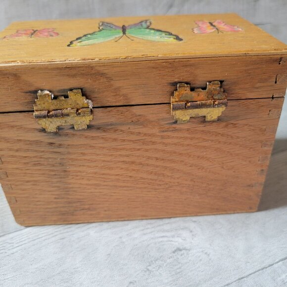Handcrafted Wooden Recipe Box With Butterfly Design & Divider Tabs - Picture 4 of 7